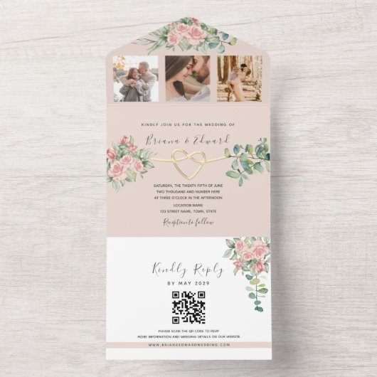 QR Code Elegante Bloemen Foto Bruiloft All In One Uitnodiging (Binnen)