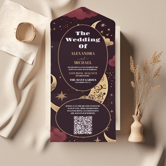QR Code Elegante Bourgondische Gouden Hemelse Brui All In One Uitnodiging