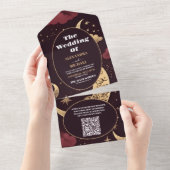 QR Code Elegante Bourgondische Gouden Hemelse Brui All In One Uitnodiging (Afscheurbaar)