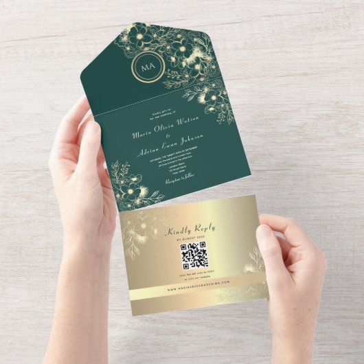 QR Code Emerald Gold Floral Wedding All In One Uitnodiging (Afscheurbaar)
