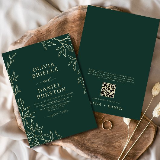 QR-code Emerald Green & Gold Minimal Leaf Wedding Kaart