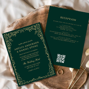 QR Code Emerald Green Gold Minimal Wedding Kaart