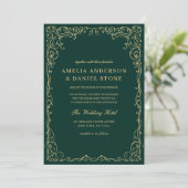 QR Code Emerald Green Gold Minimal Wedding Kaart (Staand voorkant)