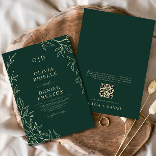 QR-code Emerald Green Gold Monogram Leaf Wedding Kaart