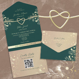 QR Code Emerald Green Gold Wedding All In One Uitnodiging