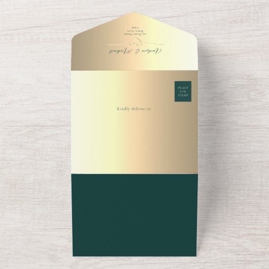 QR Code Emerald Green Gold Wedding All In One Uitnodiging (Buitenkant)