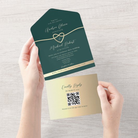 QR Code Emerald Green Gold Wedding All In One Uitnodiging (Afscheurbaar)