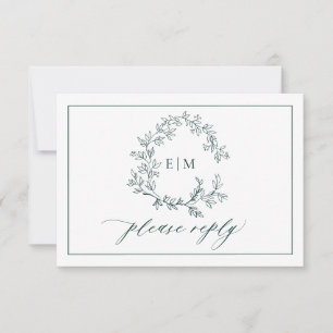 QR Code Emerald Green Leafy Crest Monogram Weddens RSVP Kaartje