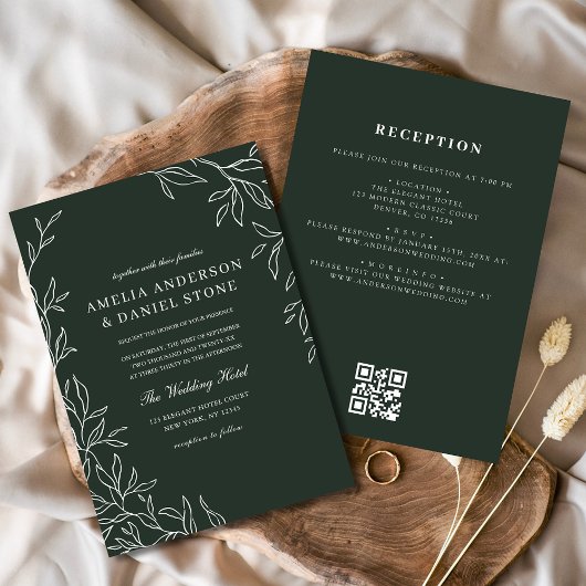 QR Code Emerald Green Minimal Leaf Wedding Kaart