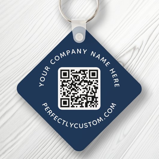 QR-code en aangepaste tekst dubbelzijdig donkerbla Sleutelhanger