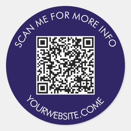 QR-code en aangepaste tekst rond wit & donkerblauw Ronde Sticker (Voorkant)