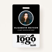QR-code en bedrijfs-Logo Black Photo Employee ID Badge (Voorkant)