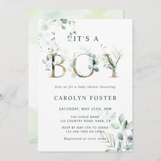 QR-code Eucalyptus Gold Letter Boy Baby shower Kaart (Voorkant / Achterkant)