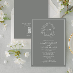 QR Code Eucalyptus Leafy Crest Monogram Weddenscha Kaart