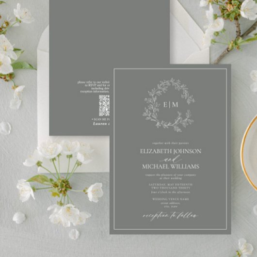 QR Code Eucalyptus Leafy Crest Monogram Weddenscha Kaart