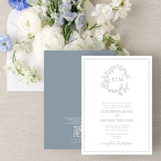 QR Code Formele mosterd Blauwe Leafy Crest Monogra Kaart