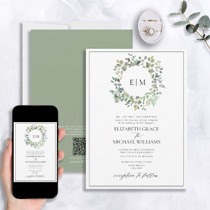 QR-code Formele Sage Groene Eucalyptusmonogram Kaart