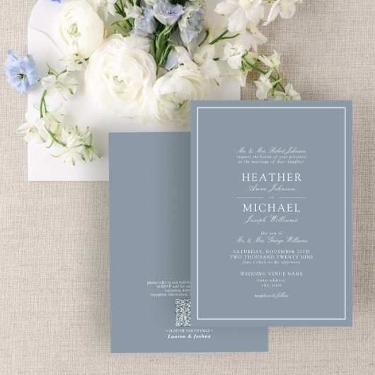 QR Code Formele tast Blue Classic Script Weddensch Kaart