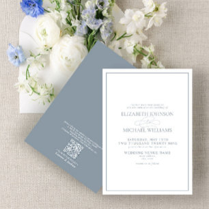 QR Code Formele tast Blue Classic Script Weddensch Kaart
