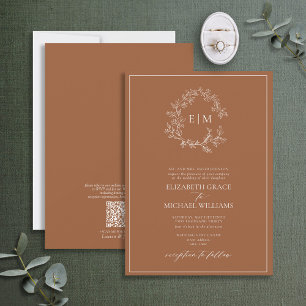 QR Code Formele terracotta Leafy Crest Monogram Kaart