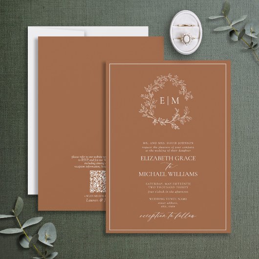 QR Code Formele terracotta Leafy Crest Monogram Kaart