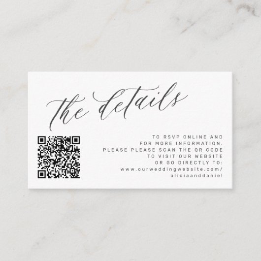 QR code foto elegant script trouwdetails wit Informatiekaartje (Voorkant)