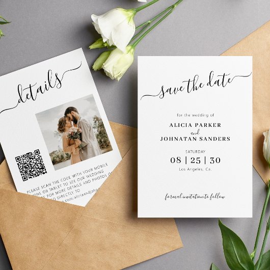 QR code foto elegante zwart wit eenvoudige bruilof Save The Date