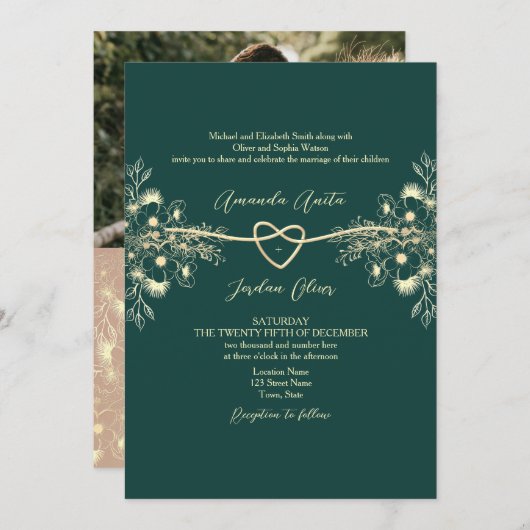 QR Code Foto Emerald Green Gold Wedding Kaart (Voorkant / Achterkant)