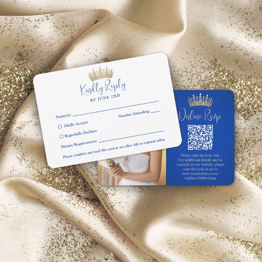 QR-code & foto Quinceañera Gold Crown Royal Blue RSVP Kaartje