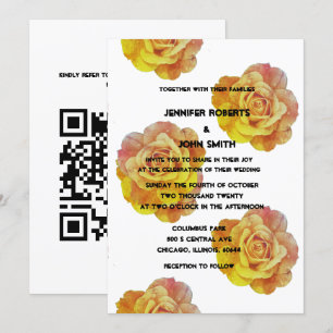 QR Code Geel Sinaasappel Bloemen Roos Boho Huwelij Kaart