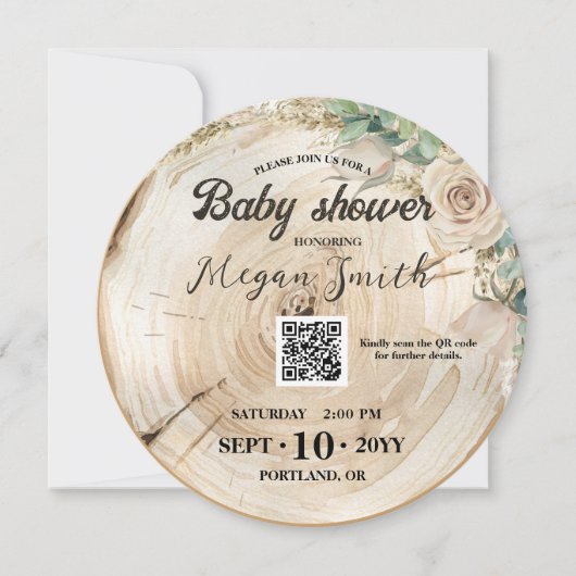 QR-code Genderneutraal hout Uniek Baby shower Save The Date (Voorkant)