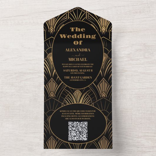 QR Code Geometrische Art Deco Bruiloft All In One Uitnodiging (Binnen)