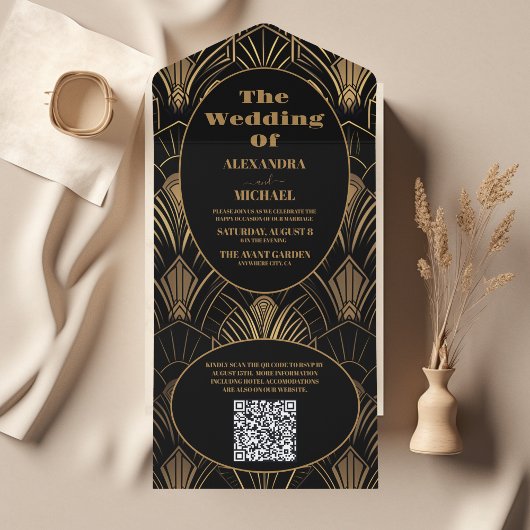 QR Code Geometrische Art Deco Bruiloft All In One Uitnodiging