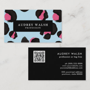 QR CODE Glam Roze zwarte lichtblauwe luipaard  Visitekaartje