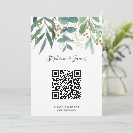 QR Code Gold Eucalyptus Berries Faire-part de mari (Debout devant)