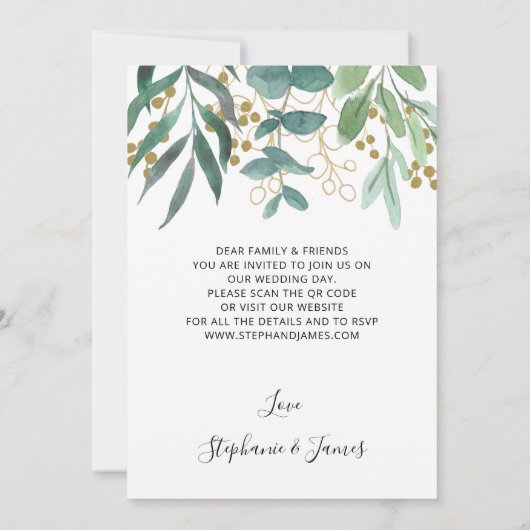 QR Code Gold Eucalyptus Berries Faire-part de mari (Dos)