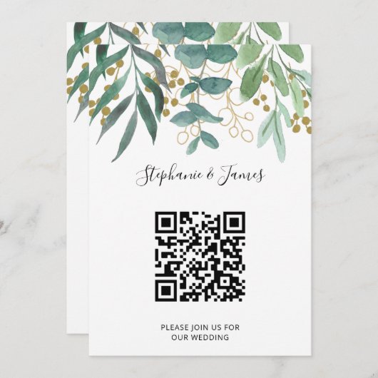 QR Code Gold Eucalyptus Berries Weddenschap Kaart (Voorkant / Achterkant)