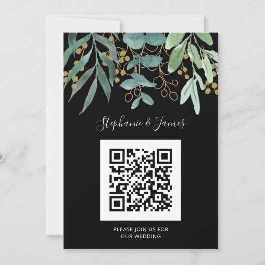 QR Code Gold Eucalyptus Faire-part de mariage noir (Devant)