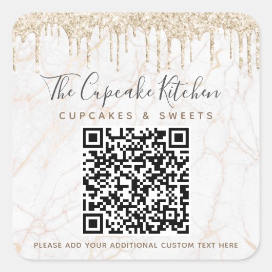 QR Code Gold Glitter Marble Drips Bedrijfsnaam Vierkante Sticker (Voorkant)