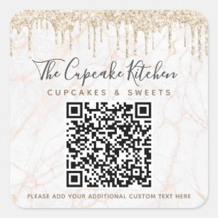 QR Code Gold Glitter Marble Drips Bedrijfsnaam Vierkante Sticker