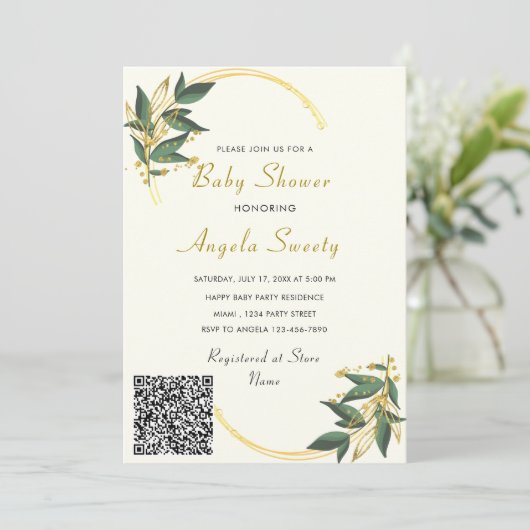 QR Code Gold Leaves Baby shower Invitation (Staand voorkant)