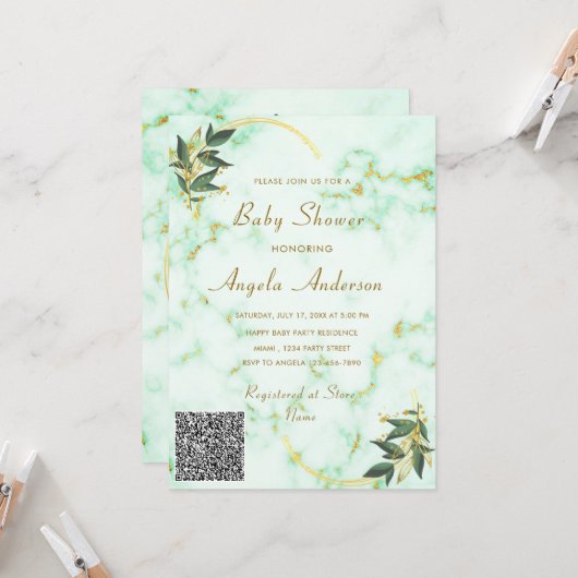 QR Code Gold Marbre Baby Girl Shower Invitation (Devant/Arrière en situation)