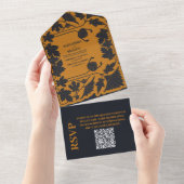 QR Code Goud Blauw Art Nouveau Bruiloft All In One Uitnodiging (Afscheurbaar)
