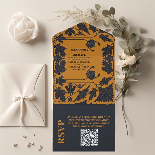 QR Code Goud Blauw Art Nouveau Bruiloft All In One Uitnodiging