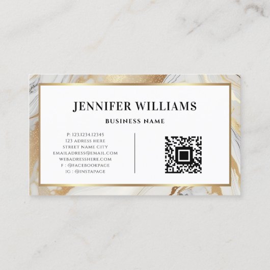 QR Code Goud Lijst Elegant Wit Marmer Modern Visitekaartje (Achterkant)