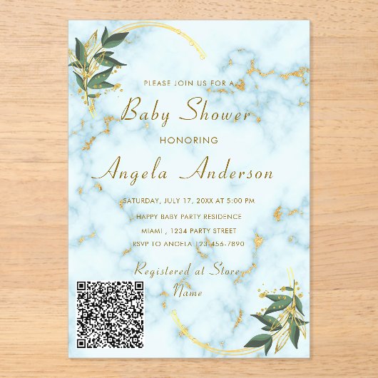QR Code Goud Marmer Acryl Baby shower Uitnodiging Acryl Uitnodigingen (Voorkant)