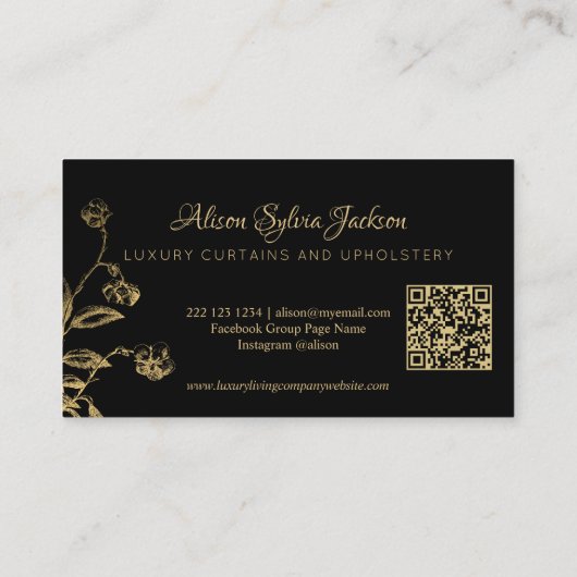 QR code goud zwart Elegant  botanisch Visitekaartje (Achterkant)