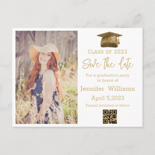 qr code gouden foto met afstuderen datum aankondigingskaart (Voorkant)