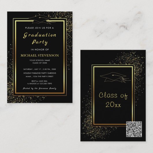 QR Code Graduation Invitation Black Gold Design (Devant / Derrière)