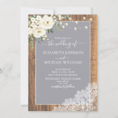QR Code Grijs Rustic Wood Lace Script Weddenschap Kaart (Voorkant)